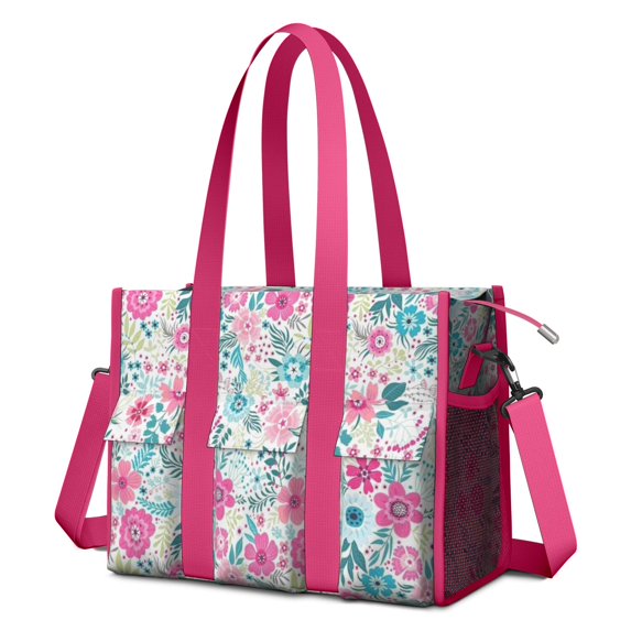 Teacher Tote Bag,Pioneer Flower Floral Print Pattern Teacher Utility Tote Bag,Large Work Tote Bags for Women with Multiple Pockets,Top Zipper Closure,13.8x10.6x6.7 Inch