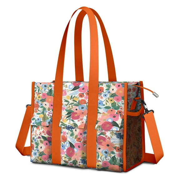 Teacher Tote Bag,Pioneer Flower Floral Print Pattern Teacher Utility Tote Bag,Large Work Tote Bags for Women with Multiple Pockets,Top Zipper Closure,13.8x10.6x6.7 Inch
