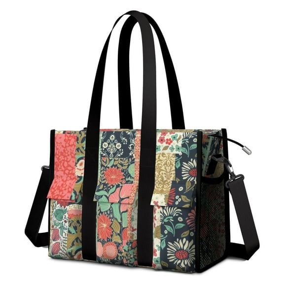 Teacher Tote Bag,Pioneer Flower Floral Print Pattern Teacher Utility Tote Bag,Large Work Tote Bags for Women with Multiple Pockets,Top Zipper Closure,13.8x10.6x6.7 Inch