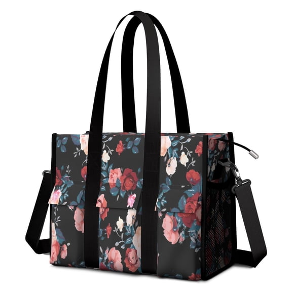 Teacher Tote Bag,Pioneer Flower Floral Print Pattern Teacher Utility Tote Bag,Large Work Tote Bags for Women with Multiple Pockets,Top Zipper Closure,13.8x10.6x6.7 Inch