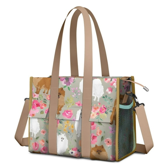 Teacher Tote Bag,Pomeranian Dog and Flower Floral Teacher Utility Tote Bag,Large Work Tote Bags for Women with Multiple Pockets,Top Zipper Closure,13.8x10.6x6.7 Inch