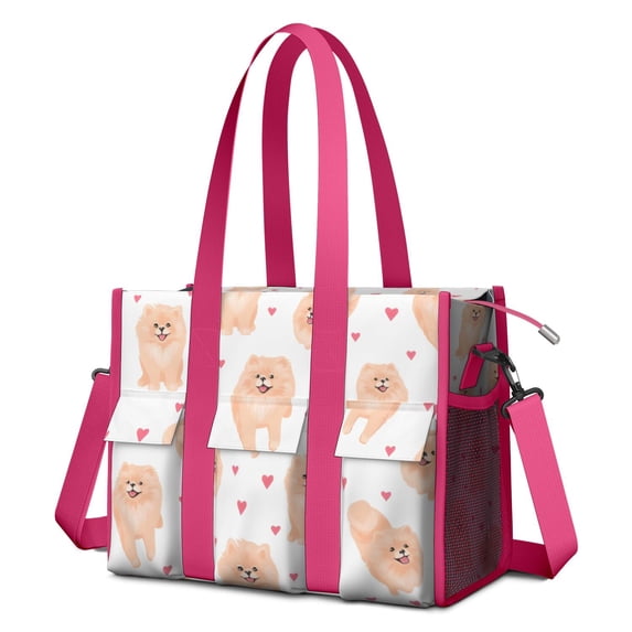 Teacher Tote Bag,Pomeranian Dogs with Hearts Teacher Utility Tote Bag,Large Work Tote Bags for Women with Multiple Pockets,Top Zipper Closure,13.8x10.6x6.7 Inch