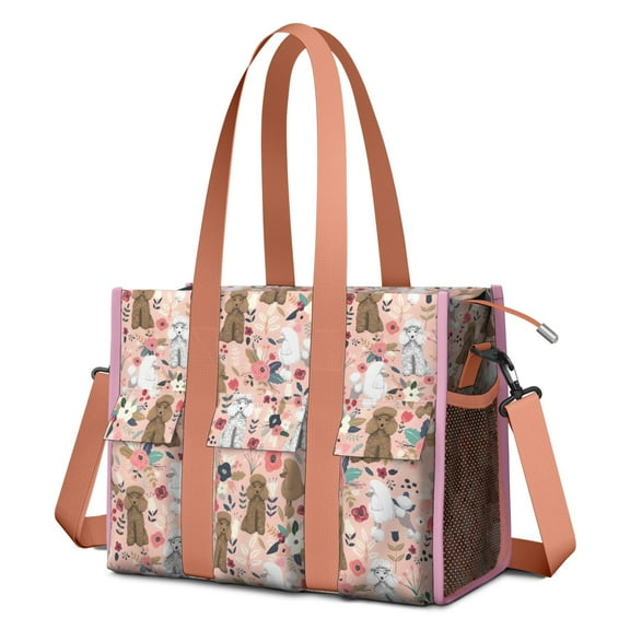 Teacher Tote Bag,Poodle Dog and Flower Floral Teacher Utility Tote Bag,Large Work Tote Bags for Women with Multiple Pockets,Top Zipper Closure,13.8x10.6x6.7 Inch