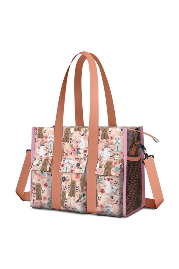 Teacher Tote Bag,Poodle Dog and Flower Floral Teacher Utility Tote Bag,Large Work Tote Bags for Women with Multiple Pockets,Top Zipper Closure,13.8x10.6x6.7 Inch