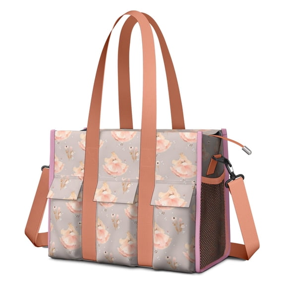 Teacher Tote Bag,Princess Flower Dress Pattern Teacher Utility Tote Bag,Large Work Tote Bags for Women with Multiple Pockets,Top Zipper Closure,13.8x10.6x6.7 Inch