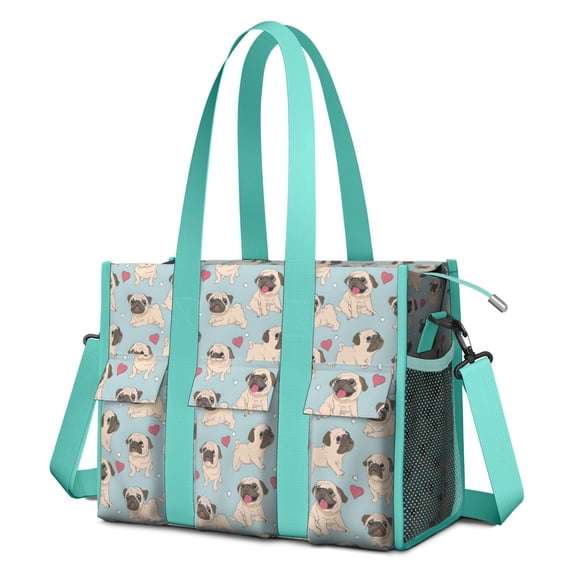 Teacher Tote Bag,Pug and Love Heart Teacher Utility Tote Bag,Large Work Tote Bags for Women with Multiple Pockets,Top Zipper Closure,13.8x10.6x6.7 Inch