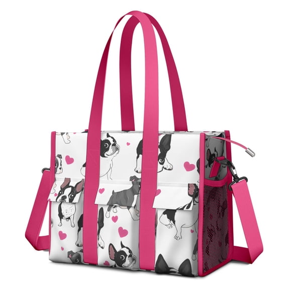 Teacher Tote Bag,Pug and Love Heart Teacher Utility Tote Bag,Large Work Tote Bags for Women with Multiple Pockets,Top Zipper Closure,13.8x10.6x6.7 Inch