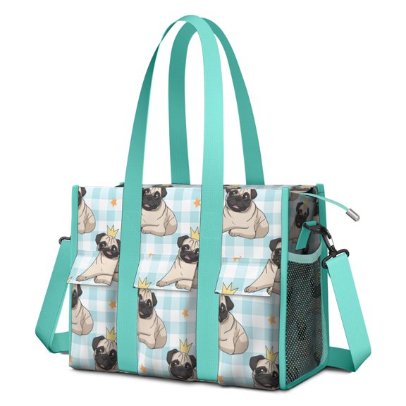 Teacher Tote Bag,Pug with Crown Teacher Utility Tote Bag,Large Work Tote Bags for Women with Multiple Pockets,Top Zipper Closure,13.8x10.6x6.7 Inch