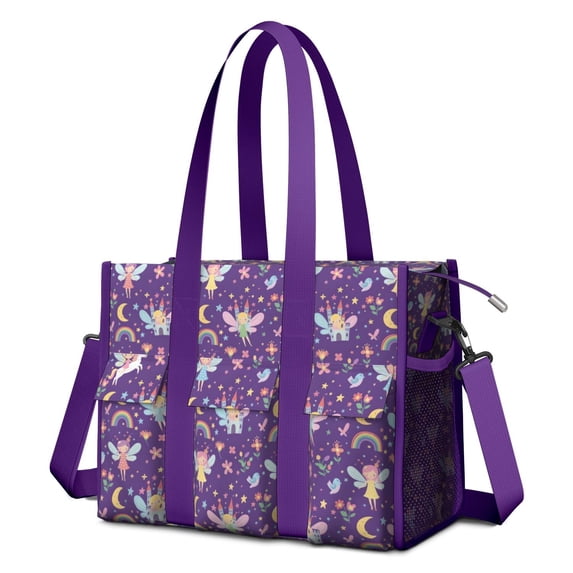 Teacher Tote Bag,Purple Fairy Unicorn Pattern Teacher Utility Tote Bag,Large Work Tote Bags for Women with Multiple Pockets,Top Zipper Closure,13.8x10.6x6.7 Inch