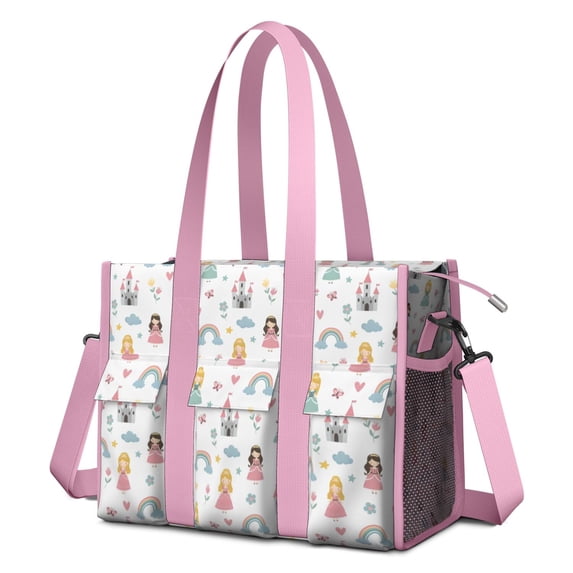 Teacher Tote Bag,Rainbow Princess Castle Pattern Teacher Utility Tote Bag,Large Work Tote Bags for Women with Multiple Pockets,Top Zipper Closure,13.8x10.6x6.7 Inch
