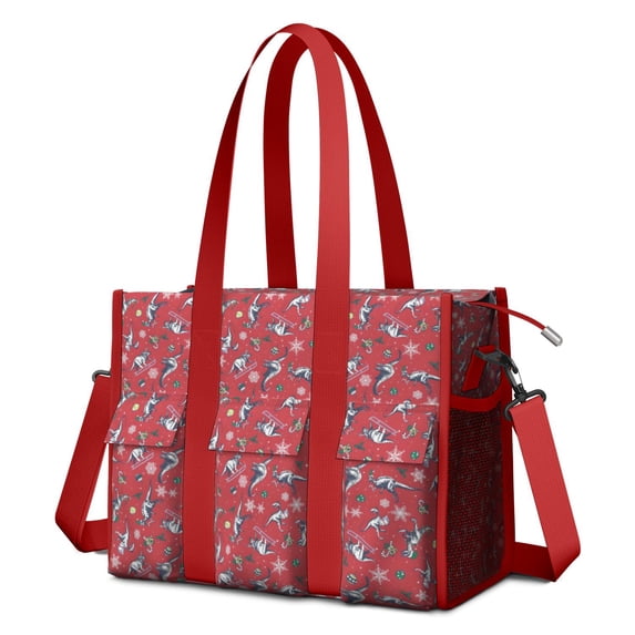 Teacher Tote Bag,Red Cartoon Dinosaurs Snowflakes Pattern Teacher Utility Tote Bag,Large Work Tote Bags for Women with Multiple Pockets,Top Zipper Closure,13.8x10.6x6.7 Inch