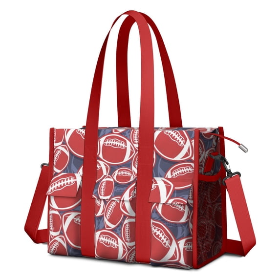 Teacher Tote Bag,Red Footballs on Blue Pattern Teacher Utility Tote Bag,Large Work Tote Bags for Women with Multiple Pockets,Top Zipper Closure,13.8x10.6x6.7 Inch