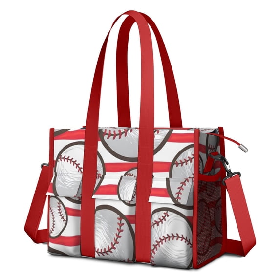 Teacher Tote Bag,Red and White Striped Baseballs Pattern Teacher Utility Tote Bag,Large Work Tote Bags for Women with Multiple Pockets,Top Zipper Closure,13.8x10.6x6.7 Inch