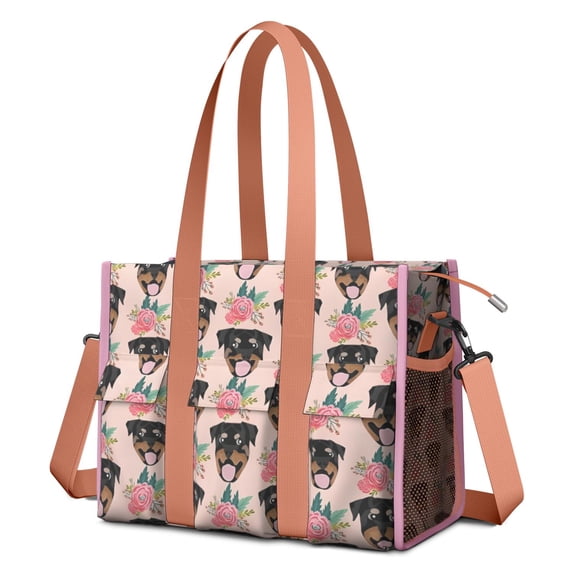 Teacher Tote Bag,Rottweiler and Pioneer Flower Teacher Utility Tote Bag,Large Work Tote Bags for Women with Multiple Pockets,Top Zipper Closure,13.8x10.6x6.7 Inch