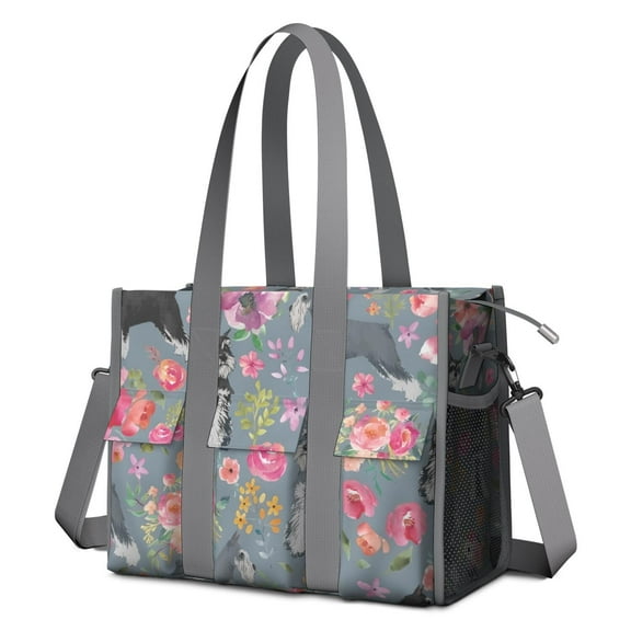 Teacher Tote Bag,Schnauzer and Pioneer Flower Teacher Utility Tote Bag,Large Work Tote Bags for Women with Multiple Pockets,Top Zipper Closure,13.8x10.6x6.7 Inch