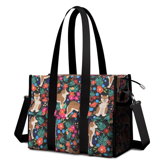 Teacher Tote Bag,Shiba Inu Dog and Flower Floral Teacher Utility Tote Bag,Large Work Tote Bags for Women with Multiple Pockets,Top Zipper Closure,13.8x10.6x6.7 Inch