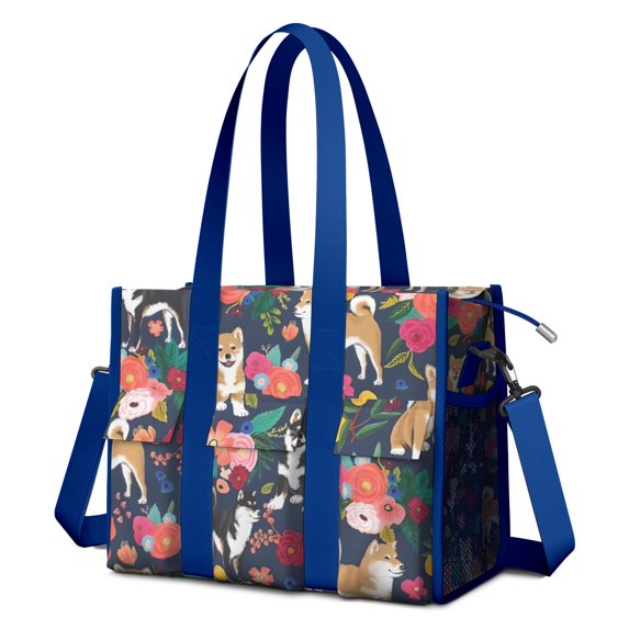 Teacher Tote Bag,Shiba Inu and Pioneer Flower Teacher Utility Tote Bag,Large Work Tote Bags for Women with Multiple Pockets,Top Zipper Closure,13.8x10.6x6.7 Inch