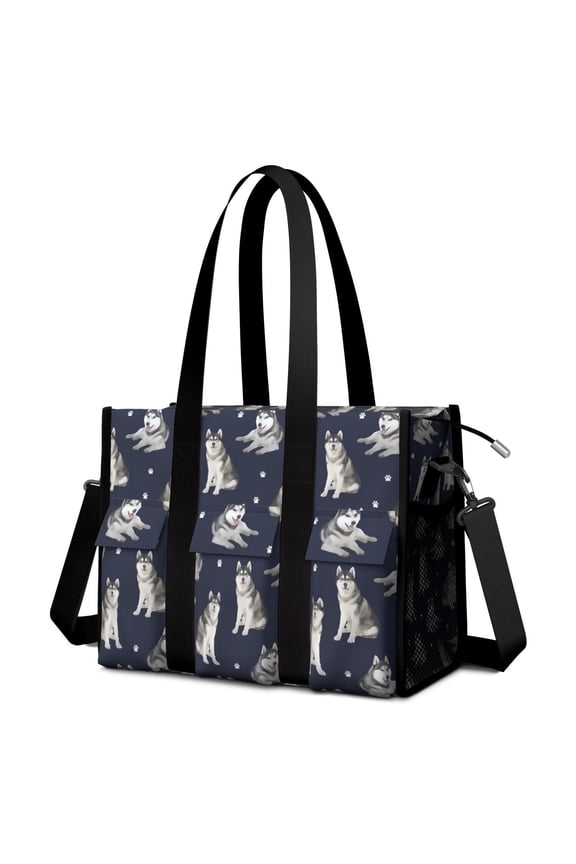Teacher Tote Bag,Siberian Husky Teacher Utility Tote Bag,Large Work Tote Bags for Women with Multiple Pockets,Top Zipper Closure,13.8x10.6x6.7 Inch
