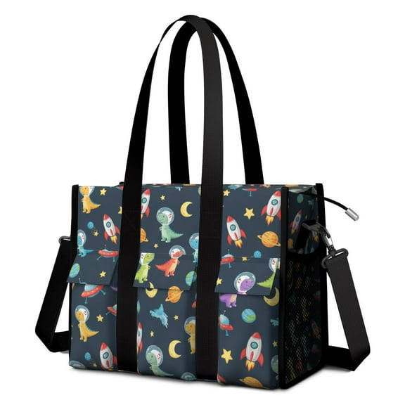 Teacher Tote Bag,Space Dinosaurs Rockets Planets Teacher Utility Tote Bag,Large Work Tote Bags for Women with Multiple Pockets,Top Zipper Closure,13.8x10.6x6.7 Inch