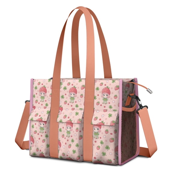 Teacher Tote Bag,Strawberry Princess Pattern Teacher Utility Tote Bag,Large Work Tote Bags for Women with Multiple Pockets,Top Zipper Closure,13.8x10.6x6.7 Inch
