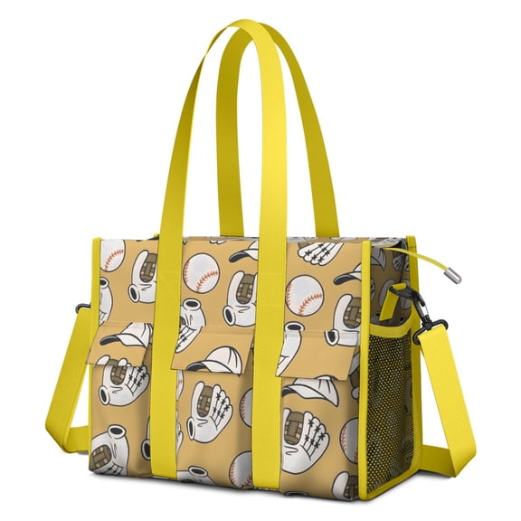 Teacher Tote Bag,Yellow Baseball Items Pattern Teacher Utility Tote Bag,Large Work Tote Bags for Women with Multiple Pockets,Top Zipper Closure,13.8x10.6x6.7 Inch