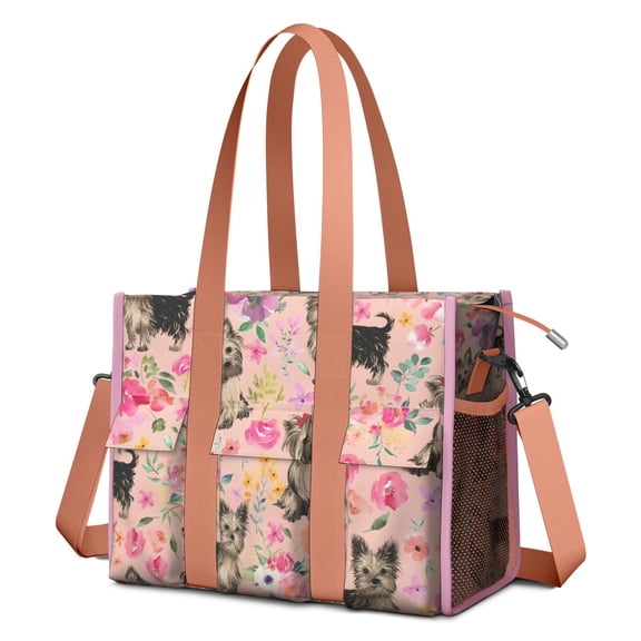 Teacher Tote Bag,Yorkie Dog and Flower Florals Teacher Utility Tote Bag,Large Work Tote Bags for Women with Multiple Pockets,Top Zipper Closure,13.8x10.6x6.7 Inch