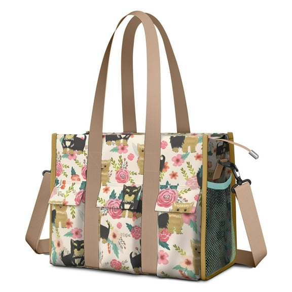 Teacher Tote Bag,Yorkie Dog and Pioneer Flower Teacher Utility Tote Bag,Large Work Tote Bags for Women with Multiple Pockets,Top Zipper Closure,13.8x10.6x6.7 Inch