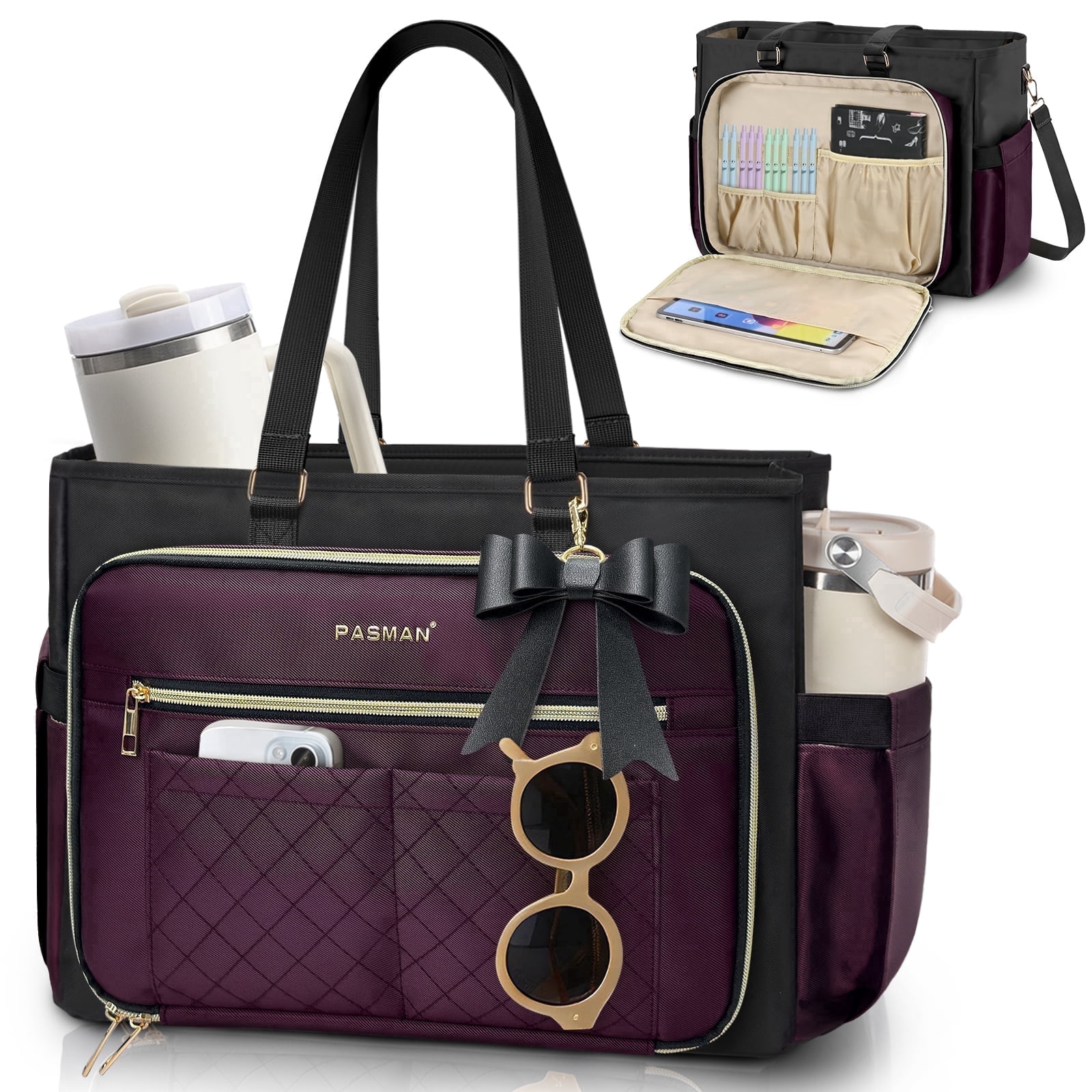 Teacher Tote Bag for Women - Multi-Pocket Laptop & Nurse Work Bag with Cup Holder, Structured Business Briefcase Computer Purse（Purple））