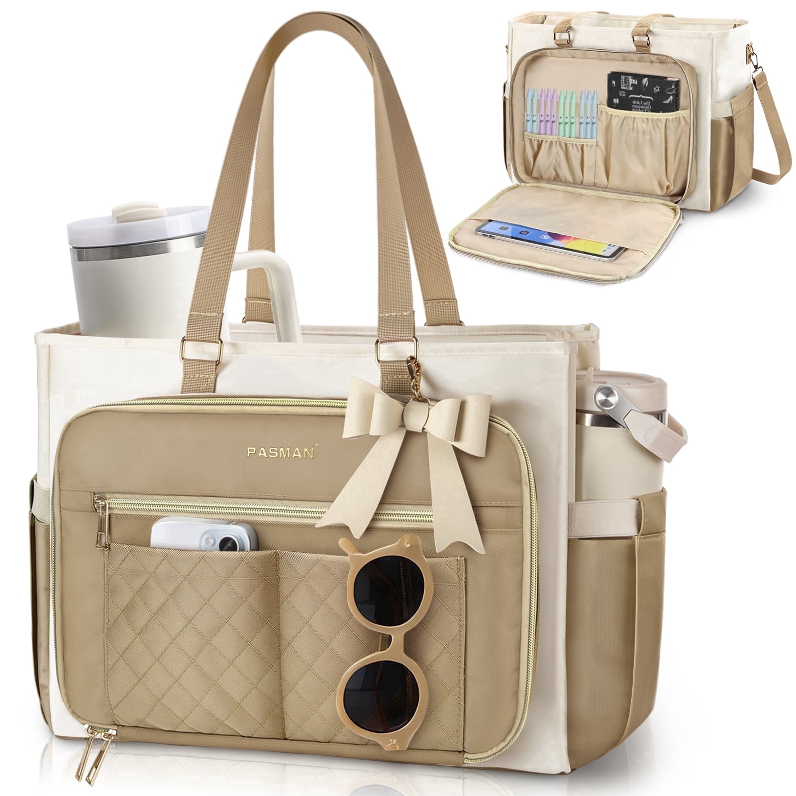 Teacher Tote Bag for Women - Multi-Pocket Laptop & Nurse Work Bag with Cup Holder, Structured Business Briefcase Computer Purse（Khaki）