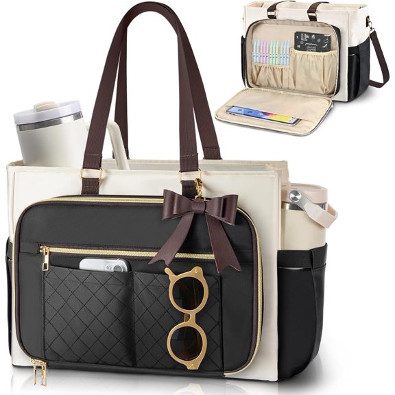 Teacher Tote Bag for Women,Multi-Pocket Laptop & Nurse Work Bag with Cup Holder,Structured Business Briefcase Computer Purse