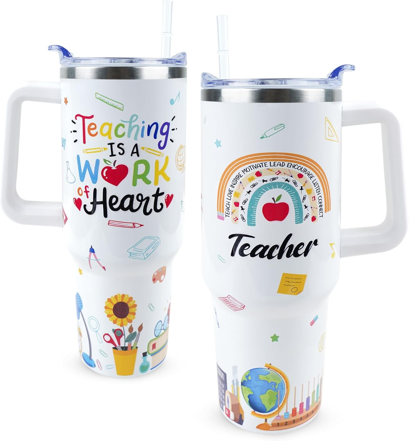 Teacher Tumbler 40 oz Tumbler with Handle and Straw Lid Leak Proof - Best Teacher Ever Coffee Mug Insulated for Hot Cold Iced Drink - Teacher Gifts for Women Birthday Appreciation Cup