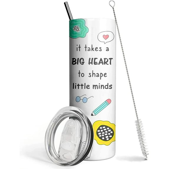 Teacher Tumbler,It Takes a Big Heart to Shape Little Minds Skinny Vacuum Insulated Tumbler With Straw,Teacher Mother Day Christmas Birthday Gifts for Women