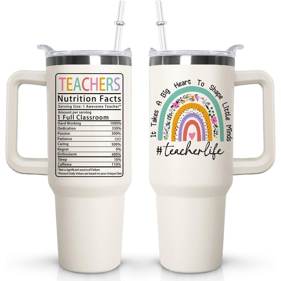 Teacher Tumbler with handle Lid and Straw, 40 oz Teacher Vacuum Insulated Travel Coffee Mug CupTumbler,teacher appreciation gifts for Women