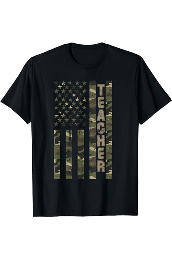 Teacher United States Distressed Camo US Flag T-Shirt