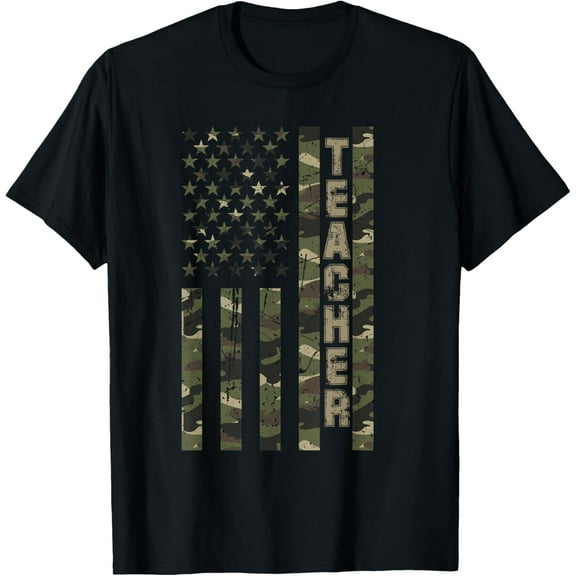 Teacher United States Distressed Camo w US Flag T-Shirt100% cotton