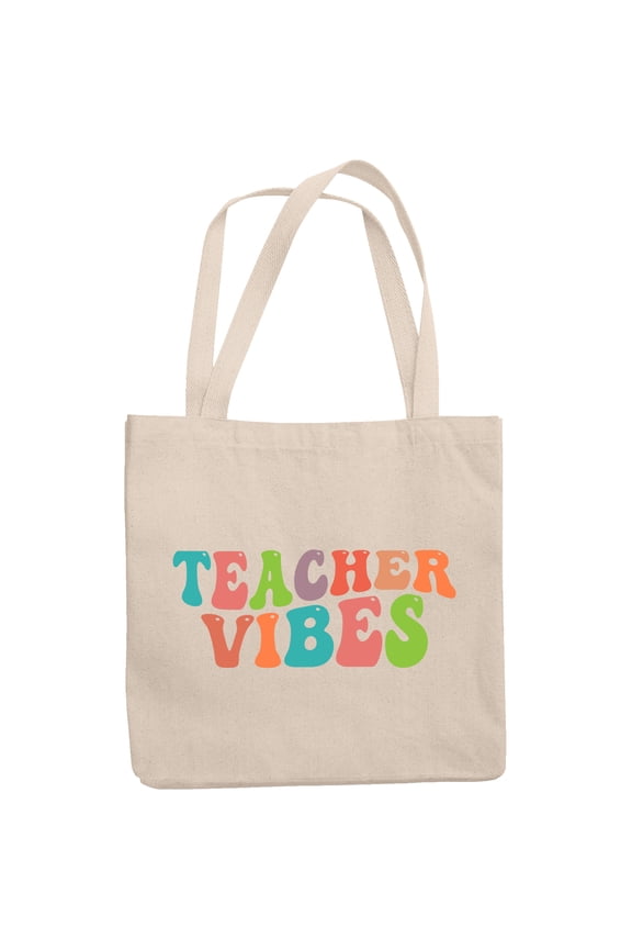 Teacher Vibes, School, Back-To-School or Teaching Themed, Groovy Retro Wavy Text Merch Gift, 12oz Canvas Tote Bag
