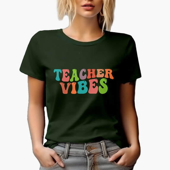 Teacher Vibes, School or Teaching Themed, Groovy Retro Wavy Text Merch Gift, Military Green T-Shirt, Small
