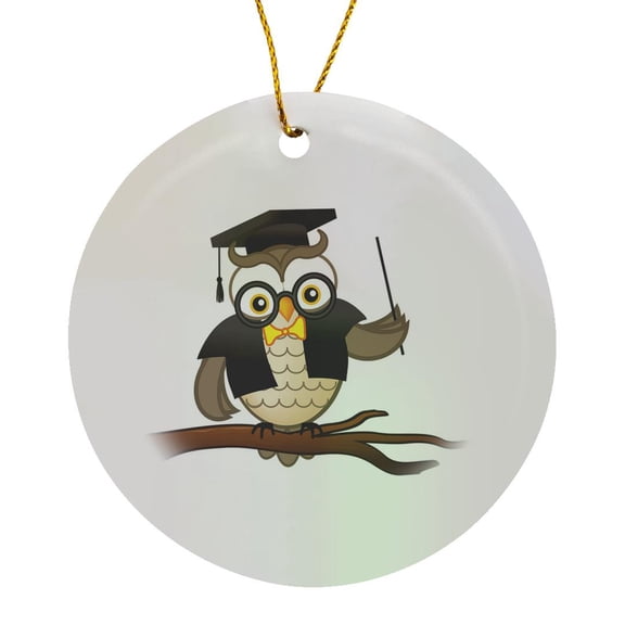 3drose, Teacher Wise Owl Perched on a Branch, Circle Porcelain Ornament