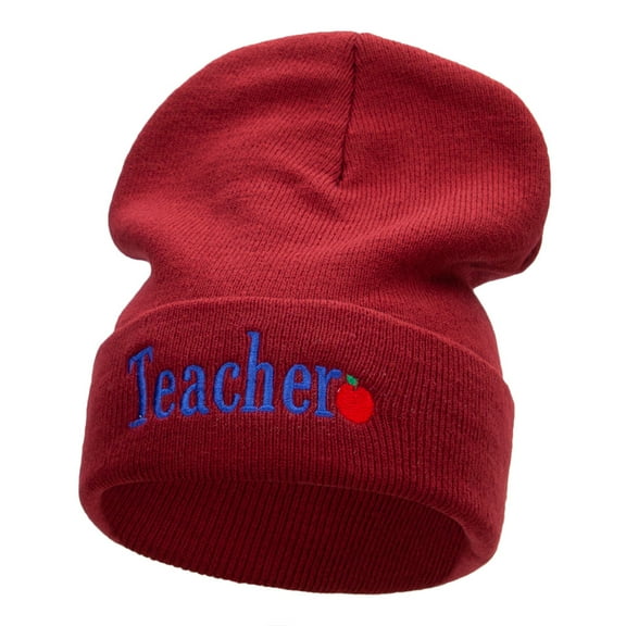 Teacher Word Phrase Embroidered Long Knitted Beanie - Maroon OSFM