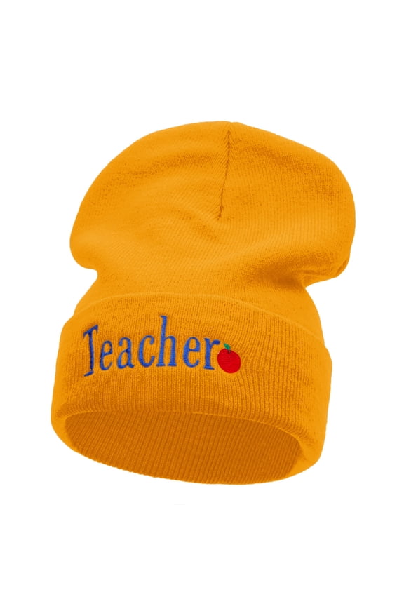 Teacher Word Phrase Embroidered Long Knitted Beanie - Yellow OSFM