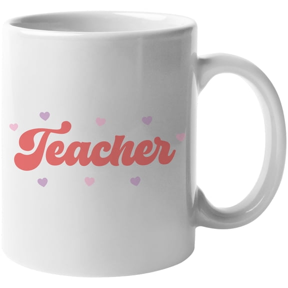 Teacher Word with Hearts, Retro Valentine's Day Art Merch Gift, White 11oz Ceramic Mug