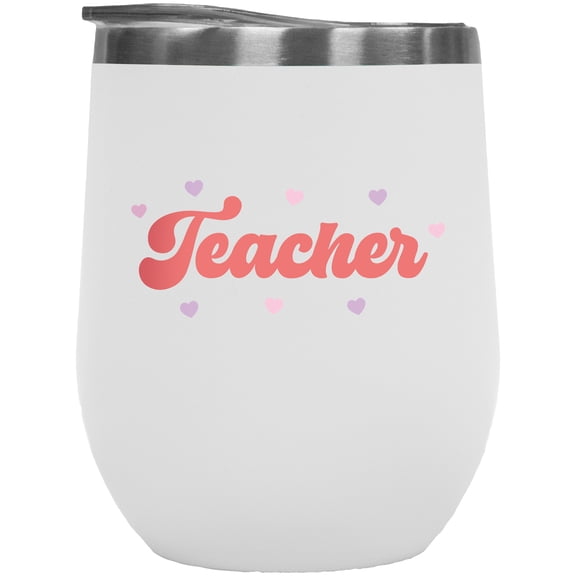 Teacher Word with Hearts, Retro Valentine's Day Art Merch Gift, White 12oz Wine Tumbler