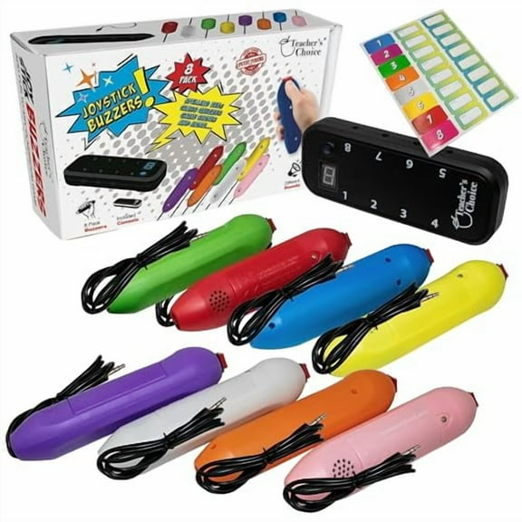 Teacher's Choice 8 Color Handheld Buzzer Game System - Console Displays First Buzz-in - Great for Jeopardy, Family Feud, Trivia and Buzzer Games - Controller with 8 Joystick Buzzers, 8 Unique Sounds