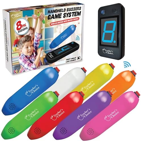 Teacher's Choice 8 Player Wireless Handheld Game Buzzer System - Displays First Buzz-in - Great for Jeopardy, Family Feud, Trivia and Buzzer Games - Console with 8 Joystick Buzzers, 8 Unique Sounds