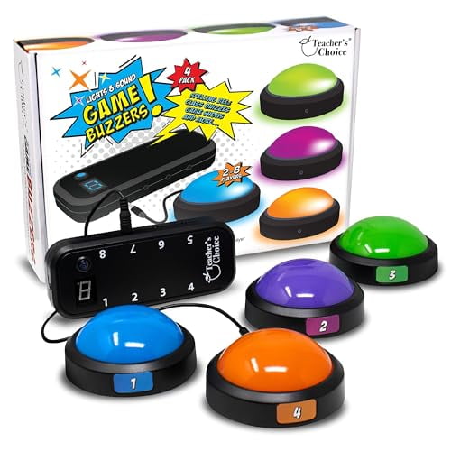 Teacher's Choice Light Up Game Buzzer System, Displays The Winning Player Loud, Unique Sounds for Each Buzzer, Great for Trivia Games, Family Feud, Jeopardy (4 Pack)
