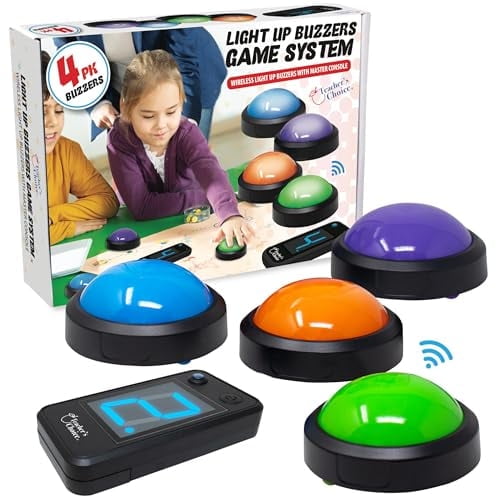 Teacher's Choice Wireless 4 Player Game Buzzer System with Lights and Sound for Trivia, Classroom Quizzes, Family Games