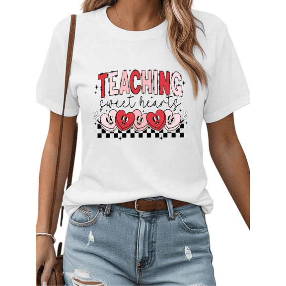 Valentine's Day White Graphic Tees Print Tshirt Shirts S-6XL Teaching Sweet Hearts Pattern Teacher Casual Tops