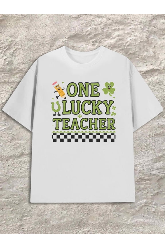 Teacher's Luck Men's white New spring and fall printed T-shirts, fashionable and trendy Vintage Unisex Shirt Cotton tshirts Vintage Unisex Shirt Crewneck tshirts