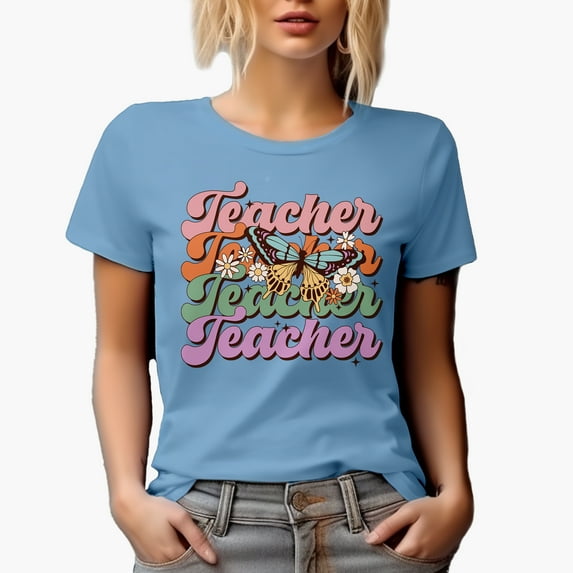 Teacher with Retro Butterfly & Flowers Art Merch Gift, Baby Blue T-Shirt, Large