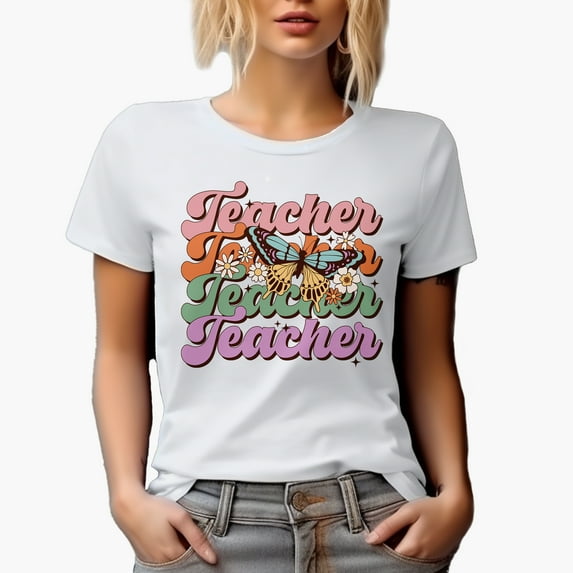 Teacher with Retro Butterfly & Flowers Art Merch Gift, White T-Shirt, XL